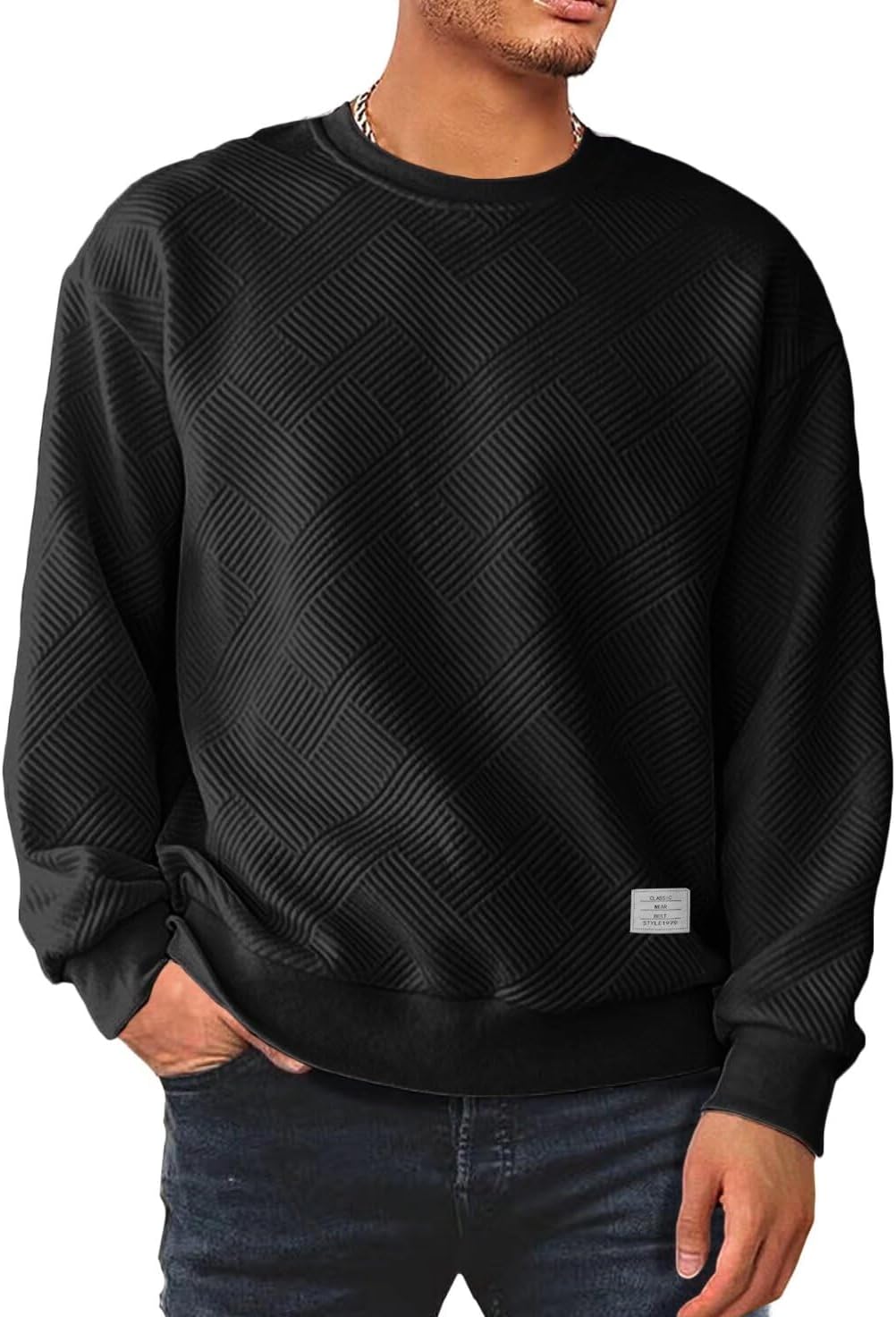 Men's Crewneck Sweatshirts Soild Color Geometric Texture Long Sleeve Casual Pullover Shirt