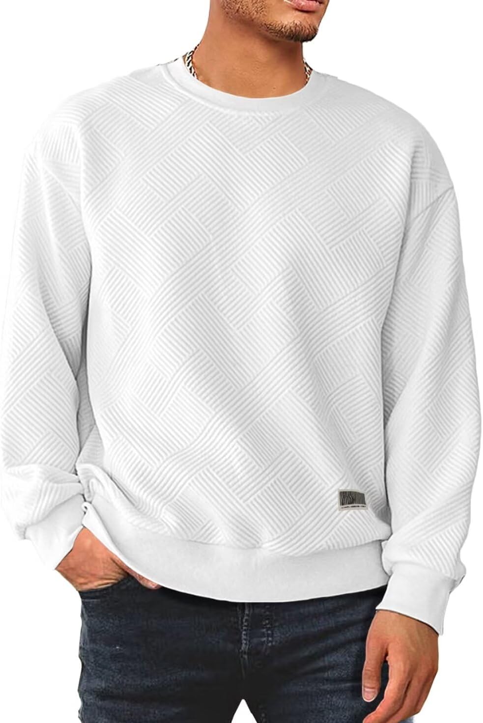 Men's Crewneck Sweatshirts Soild Color Geometric Texture Long Sleeve Casual Pullover Shirt