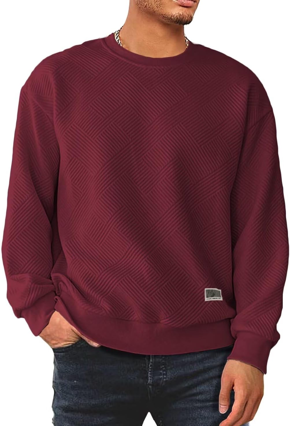 Men's Crewneck Sweatshirts Soild Color Geometric Texture Long Sleeve Casual Pullover Shirt