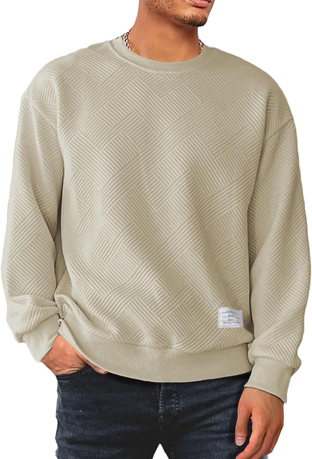 Men's Crewneck Sweatshirts Soild Color Geometric Texture Long Sleeve Casual Pullover Shirt