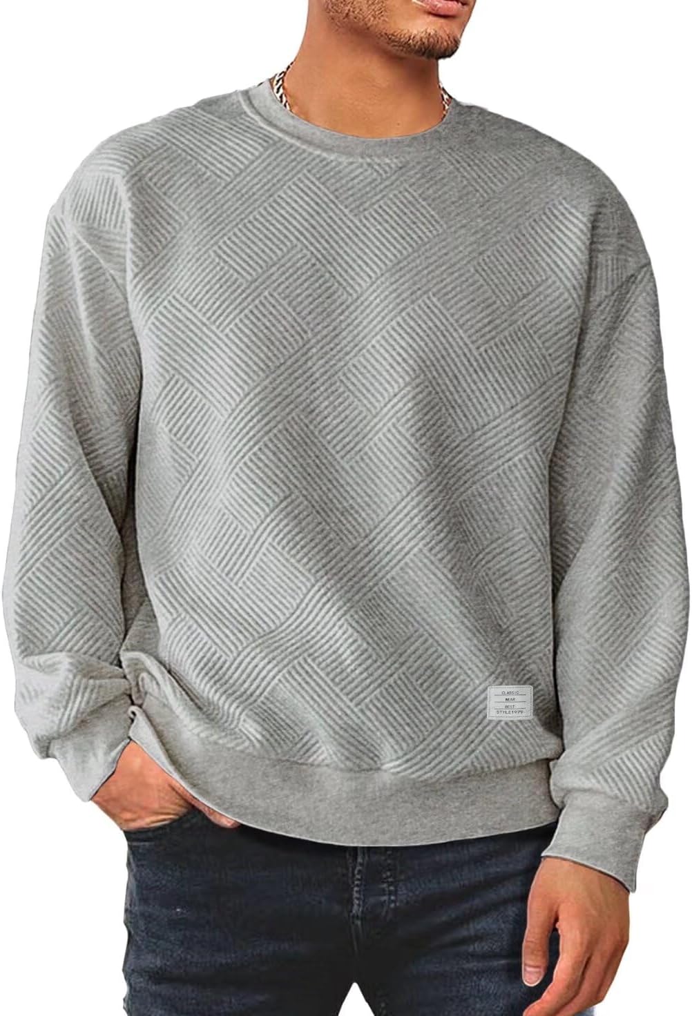 Men's Crewneck Sweatshirts Soild Color Geometric Texture Long Sleeve Casual Pullover Shirt