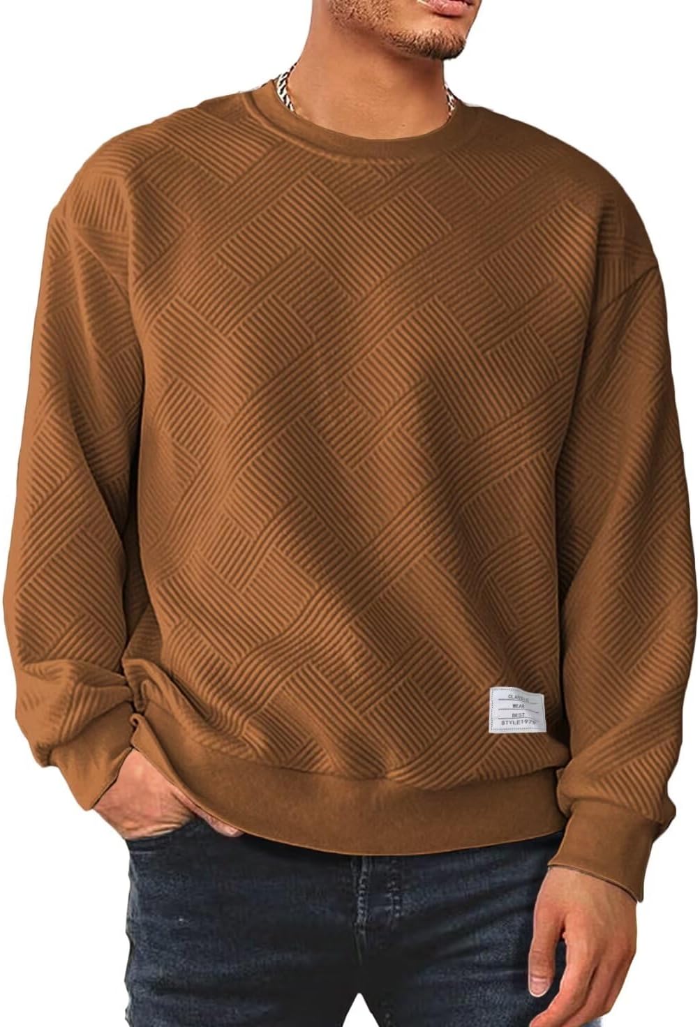 Men's Crewneck Sweatshirts Soild Color Geometric Texture Long Sleeve Casual Pullover Shirt