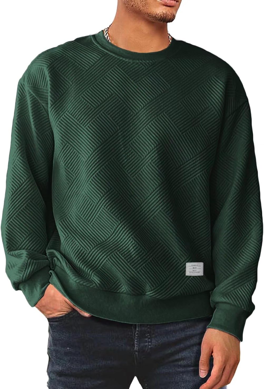 Men's Crewneck Sweatshirts Soild Color Geometric Texture Long Sleeve Casual Pullover Shirt