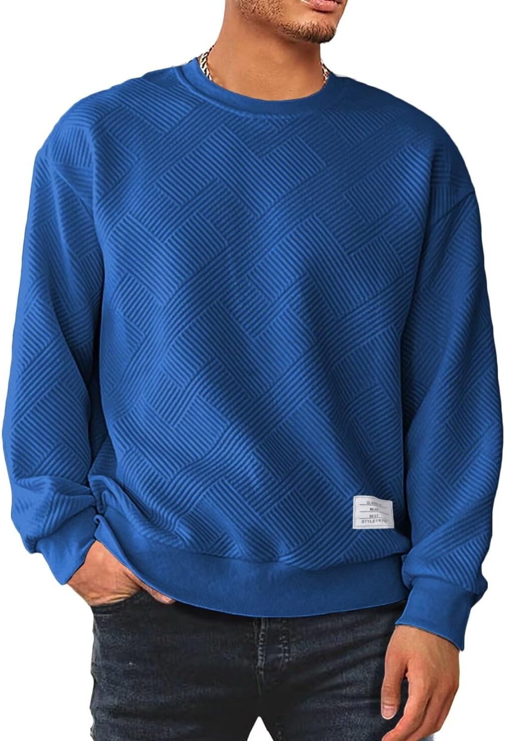 Men's Crewneck Sweatshirts Soild Color Geometric Texture Long Sleeve Casual Pullover Shirt