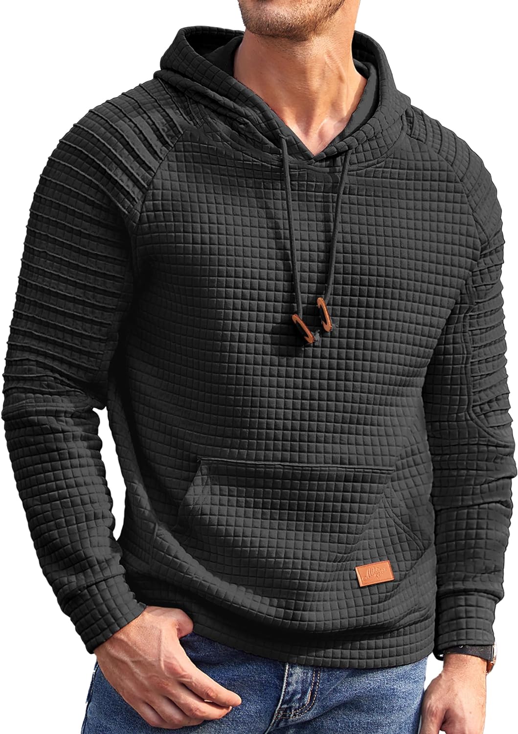 COOFANDY Mens Hoodies Pullover Casaul Long Sleeve Drawstring Waffle Knit Hooded Sweatshirt with Kanga Pocket