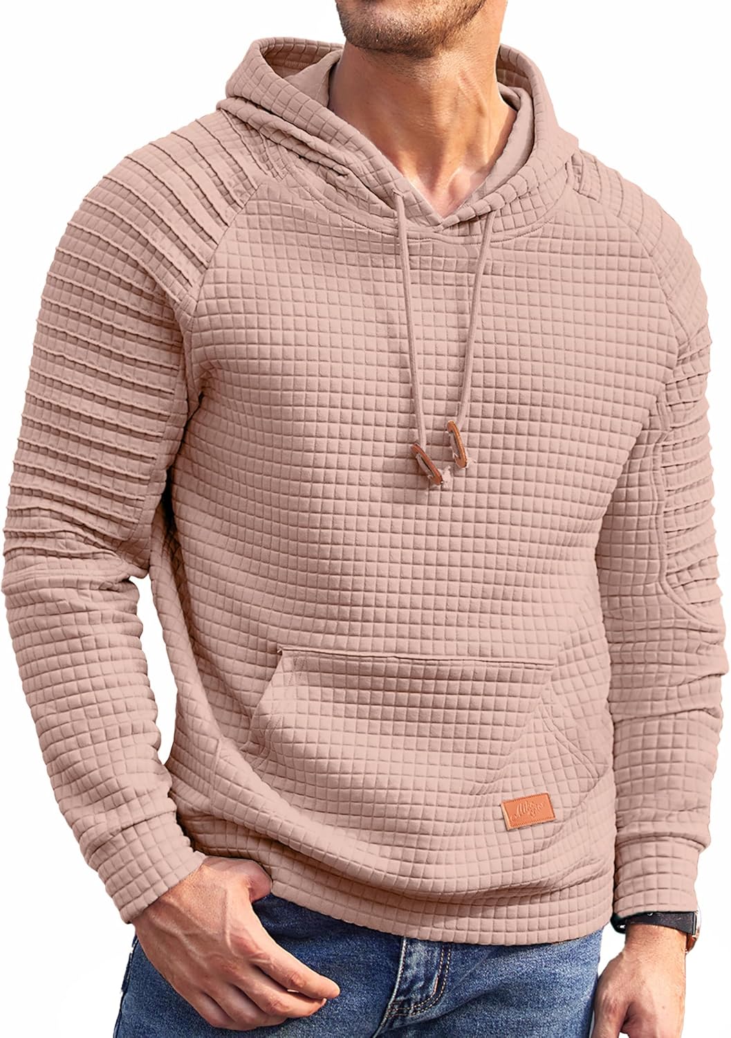 COOFANDY Mens Hoodies Pullover Casaul Long Sleeve Drawstring Waffle Knit Hooded Sweatshirt with Kanga Pocket