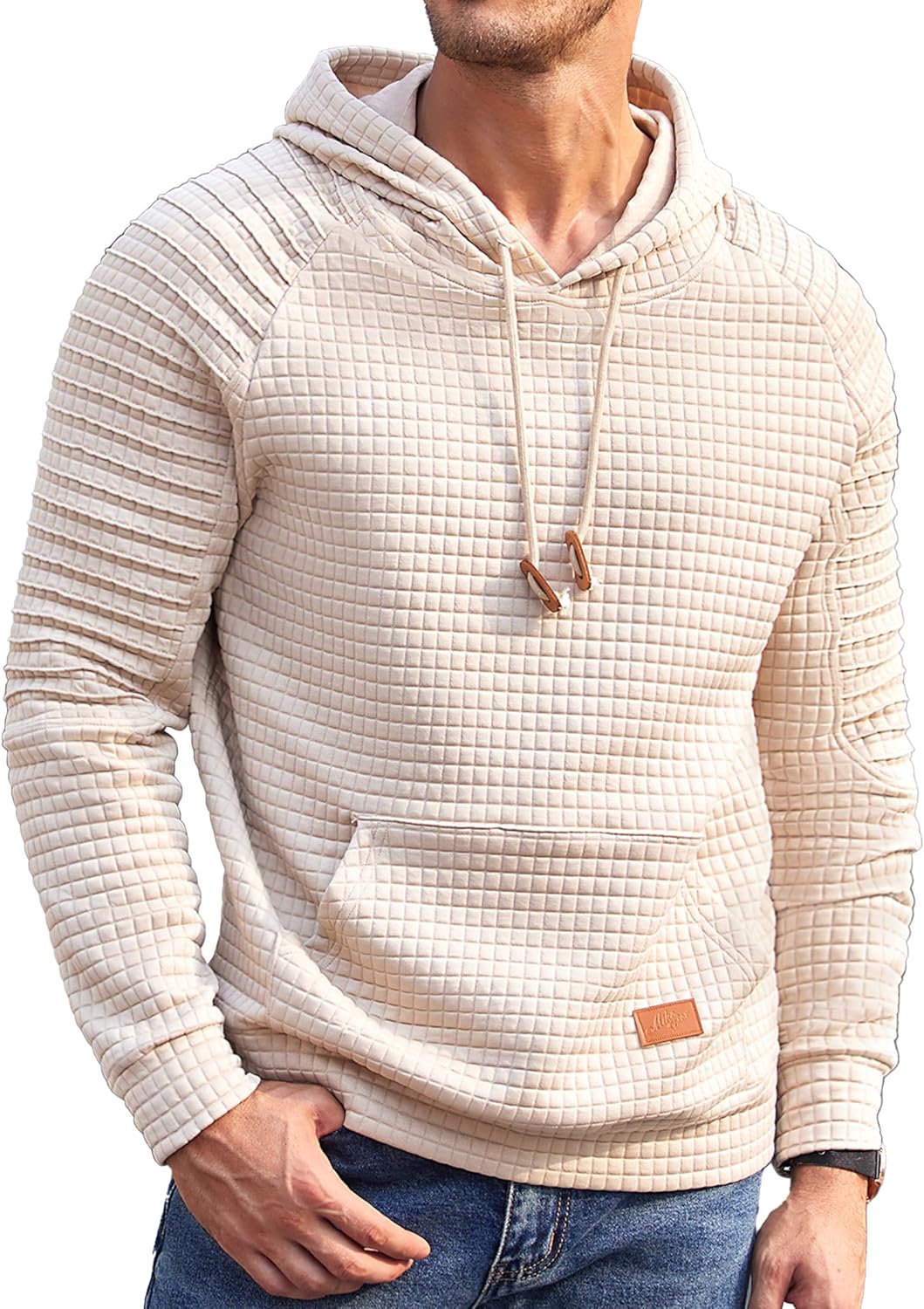 COOFANDY Mens Hoodies Pullover Casaul Long Sleeve Drawstring Waffle Knit Hooded Sweatshirt with Kanga Pocket