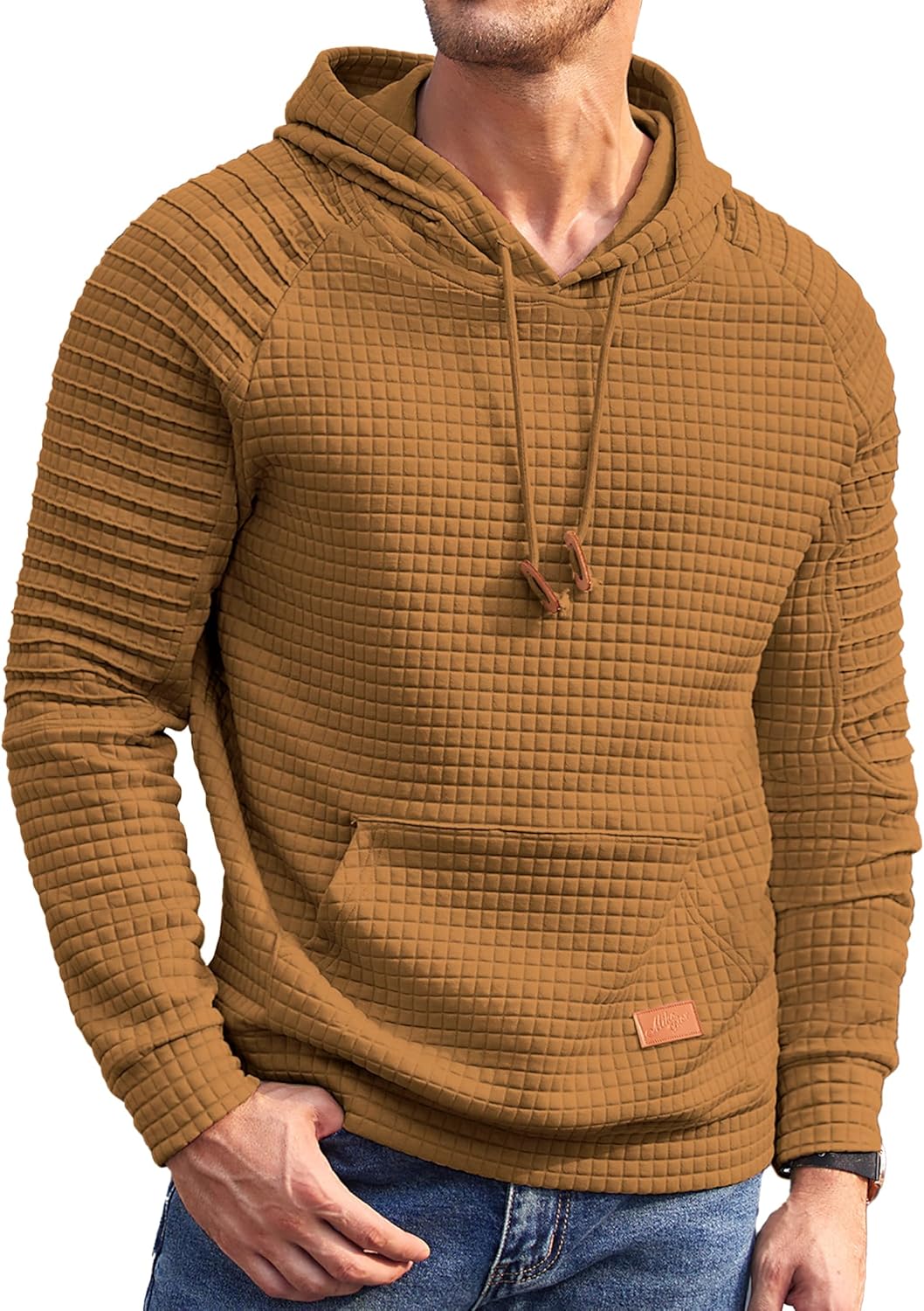 COOFANDY Mens Hoodies Pullover Casaul Long Sleeve Drawstring Waffle Knit Hooded Sweatshirt with Kanga Pocket